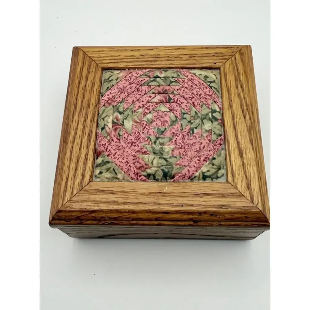 Vintage Handmade Embroidered Quilt Wooden 5x5 Square Trinket Box Cottage Core